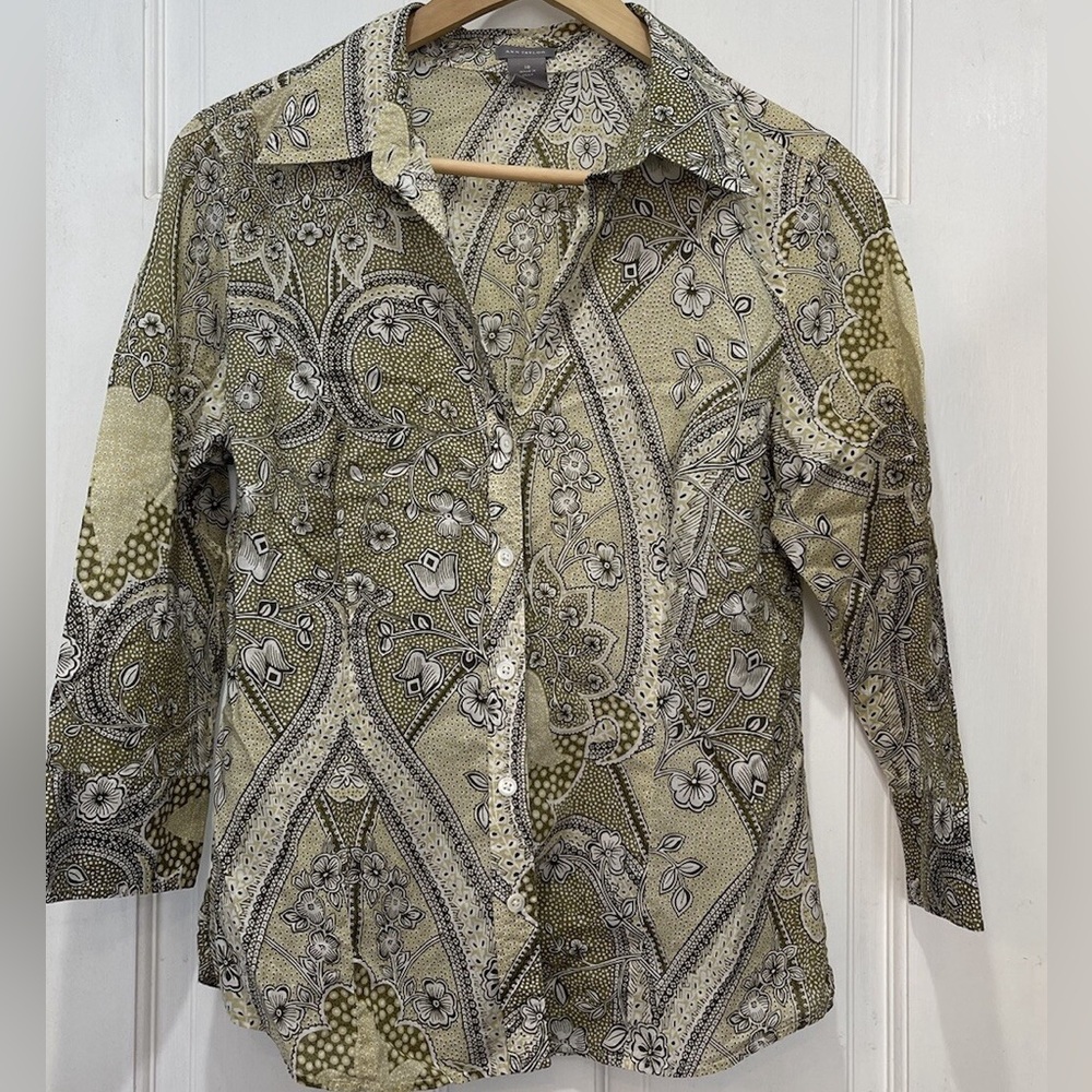 Ann Taylor Multicolor 3/4 Sleeve Collared Cotton Button Down Shirt Size 10